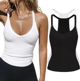 2 Pack V Neck Tank Tops for Women Built in Bra Racerback Womens Tank Tops Basics Yoga Ribbed Gym Sleeveless Shirts