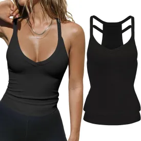 2 Pack V Neck Tank Tops for Women Built in Bra Racerback Womens Tank Tops Basics Yoga Ribbed Gym Sleeveless Shirts