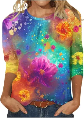 2024 Fashion Spring Tops 3/4 Sleeve Length Trendy Shirts Dressy Casual Work Blouse Ladies Tie Dye Summer Outfits