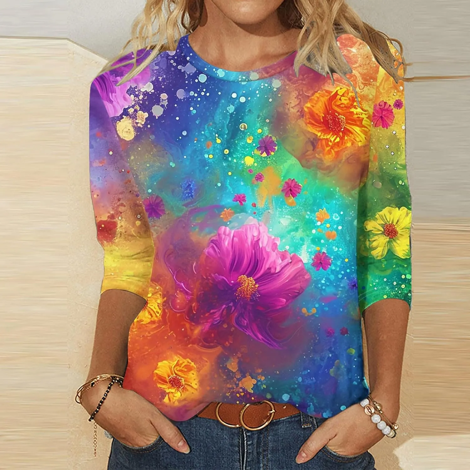 2024 Fashion Spring Tops 3/4 Sleeve Length Trendy Shirts Dressy Casual Work Blouse Ladies Tie Dye Summer Outfits