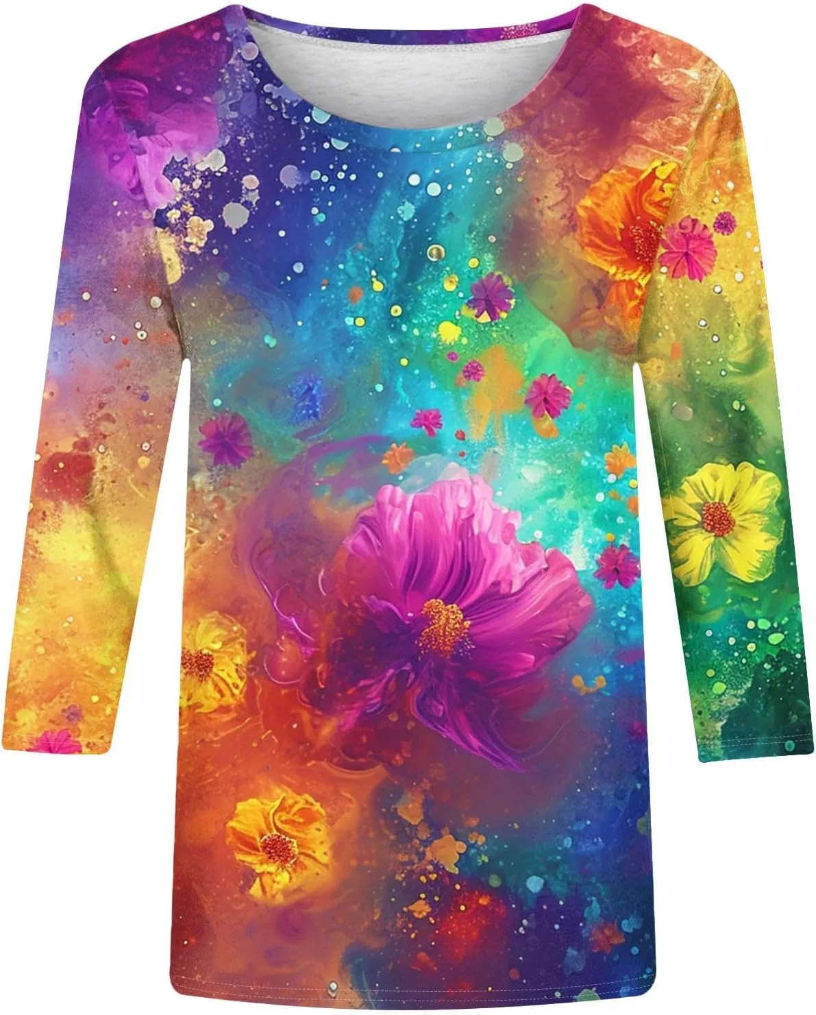 2024 Fashion Spring Tops 3/4 Sleeve Length Trendy Shirts Dressy Casual Work Blouse Ladies Tie Dye Summer Outfits