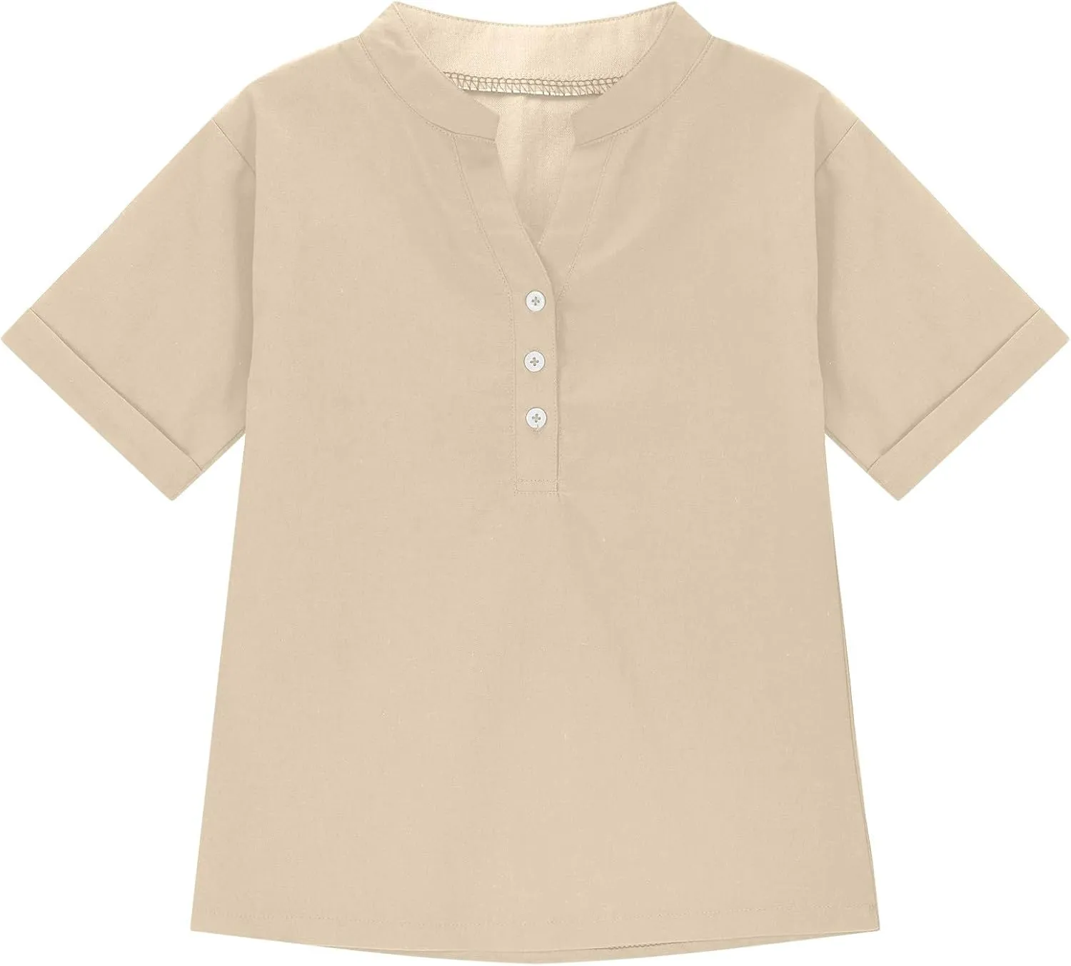 5-15T Baby Girls Linen Shirts Fashion Solid Color Short Sleeves V-Neck T-Shirts Soft Comfy Summer Blouse Tops