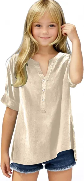 5-15T Baby Girls Linen Shirts Fashion Solid Color Short Sleeves V-Neck T-Shirts Soft Comfy Summer Blouse Tops