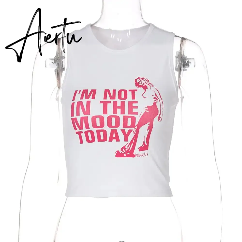 Aiertu Sleeveless O-Neck Letter Tank Crop Top Tshirt Summer Sexy Women Streetwear Y2K Party Casual Club
