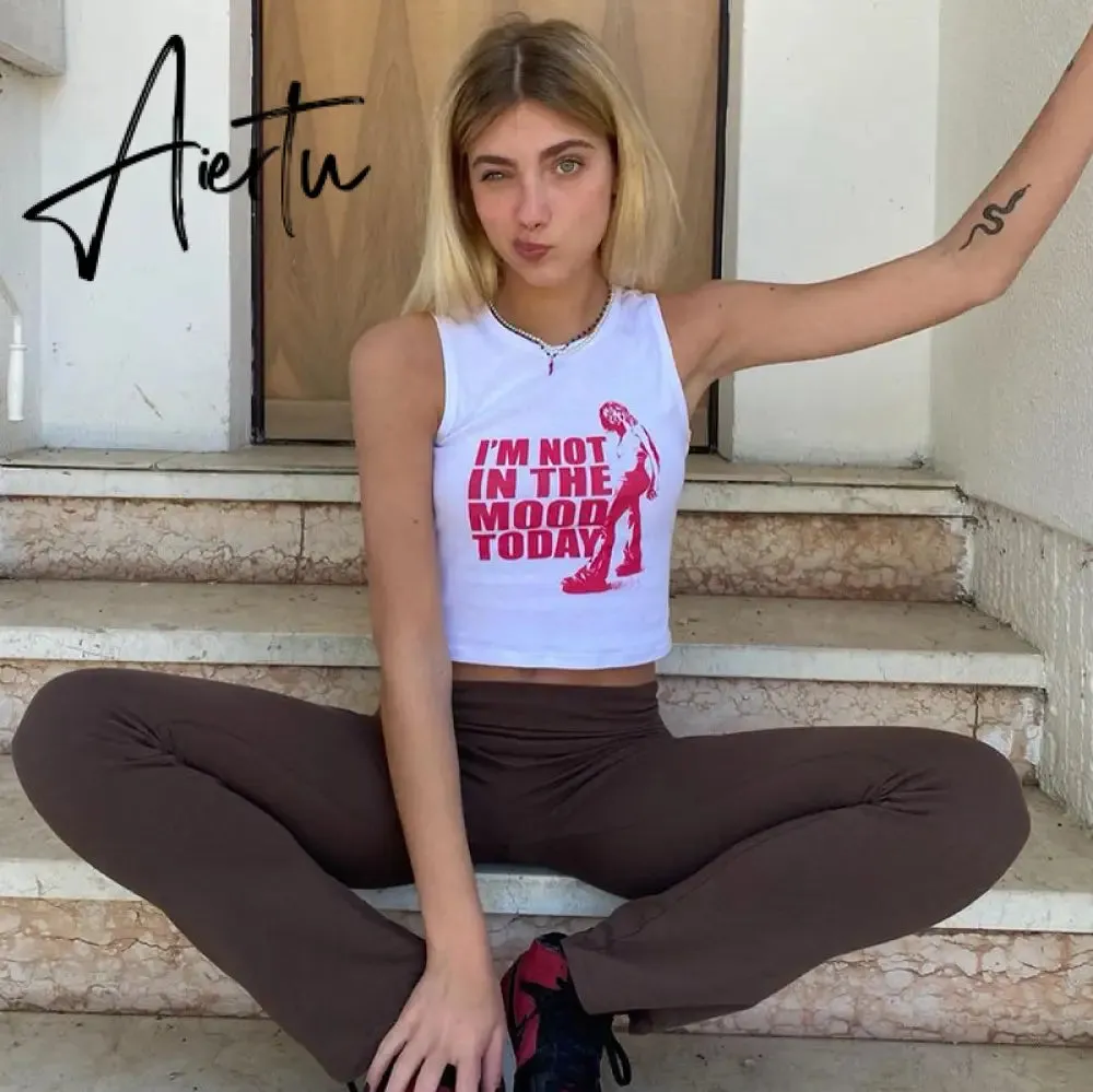 Aiertu Sleeveless O-Neck Letter Tank Crop Top Tshirt Summer Sexy Women Streetwear Y2K Party Casual Club