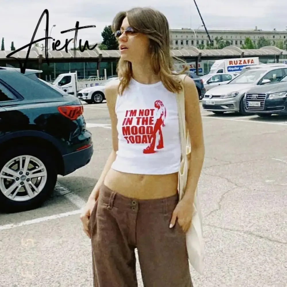 Aiertu Sleeveless O-Neck Letter Tank Crop Top Tshirt Summer Sexy Women Streetwear Y2K Party Casual Club