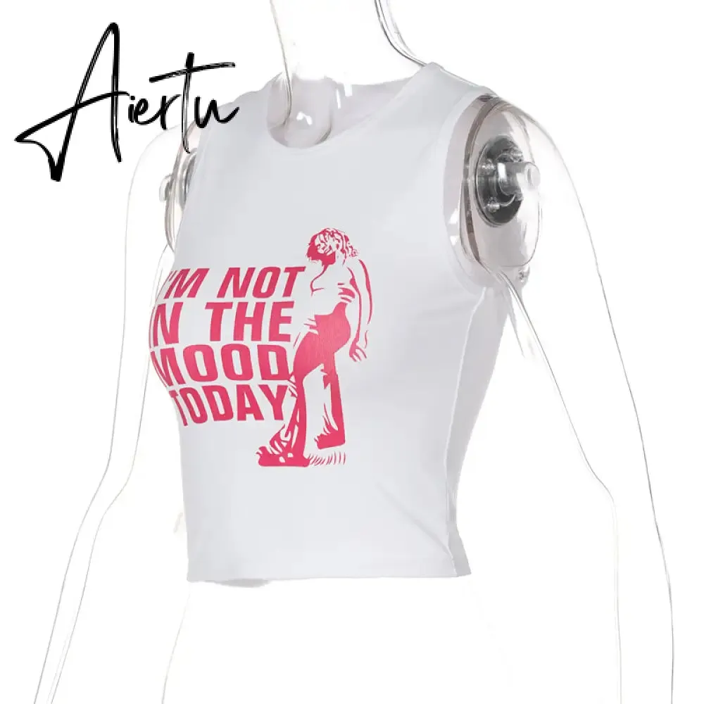 Aiertu Sleeveless O-Neck Letter Tank Crop Top Tshirt Summer Sexy Women Streetwear Y2K Party Casual Club