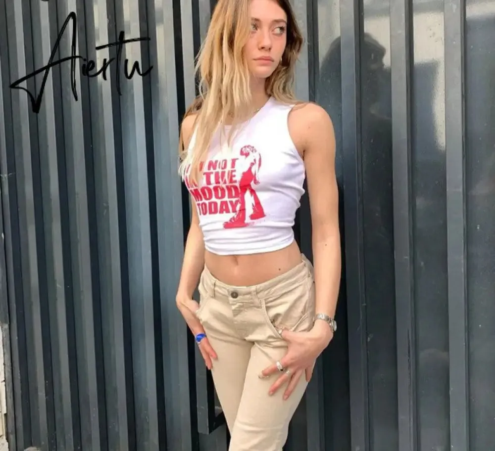 Aiertu Sleeveless O-Neck Letter Tank Crop Top Tshirt Summer Sexy Women Streetwear Y2K Party Casual Club