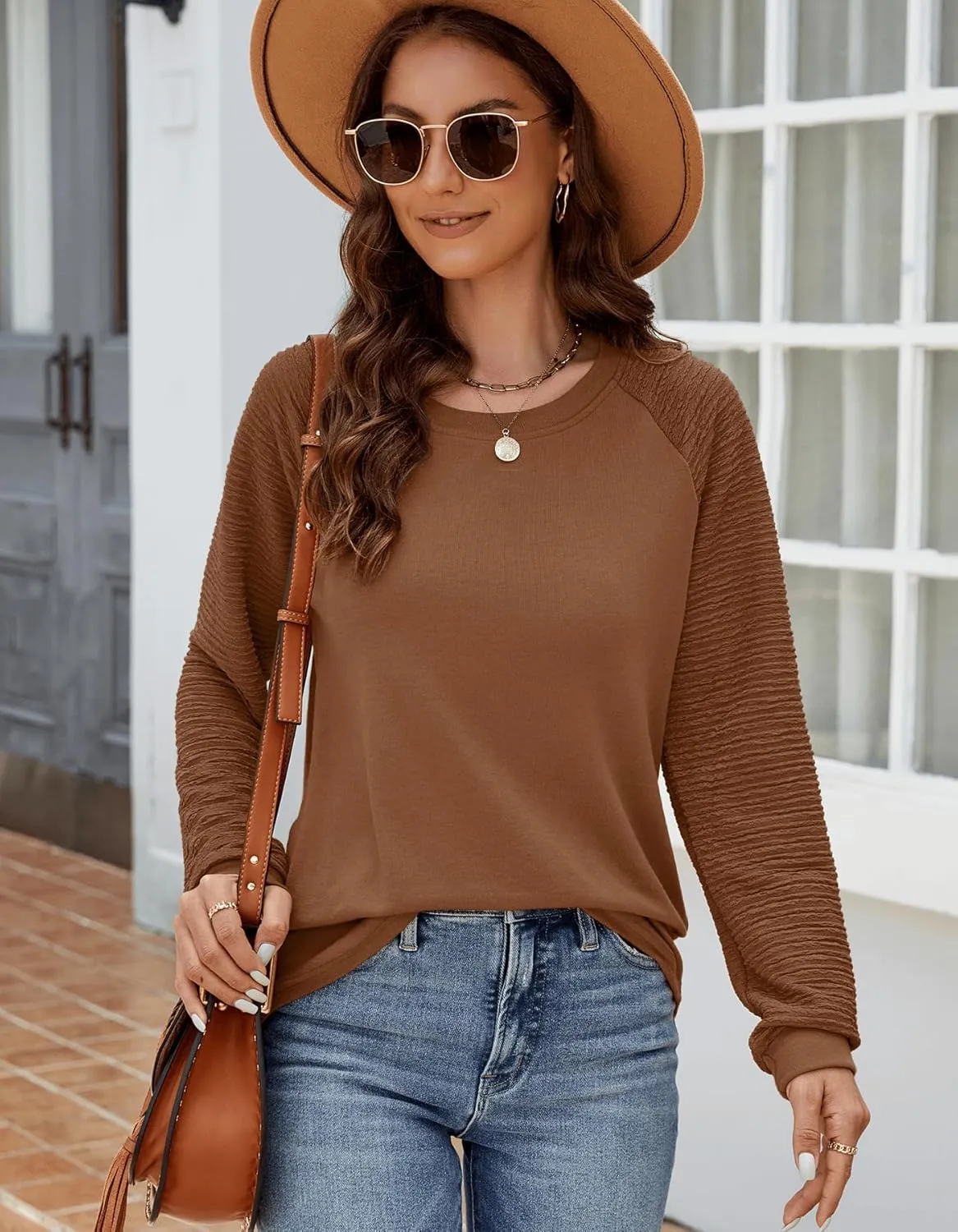 Aifer Womens Long Sleeve Tops Crew Neck Casual Shirts Fashion Loose Fit Trendy Outfits Clothes