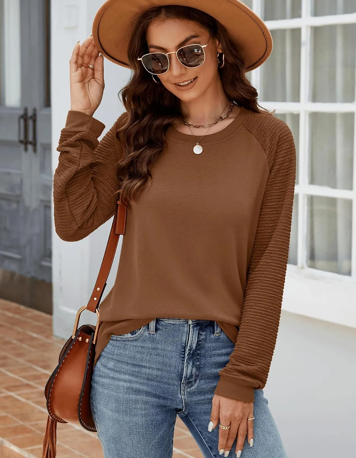 Aifer Womens Long Sleeve Tops Crew Neck Casual Shirts Fashion Loose Fit Trendy Outfits Clothes