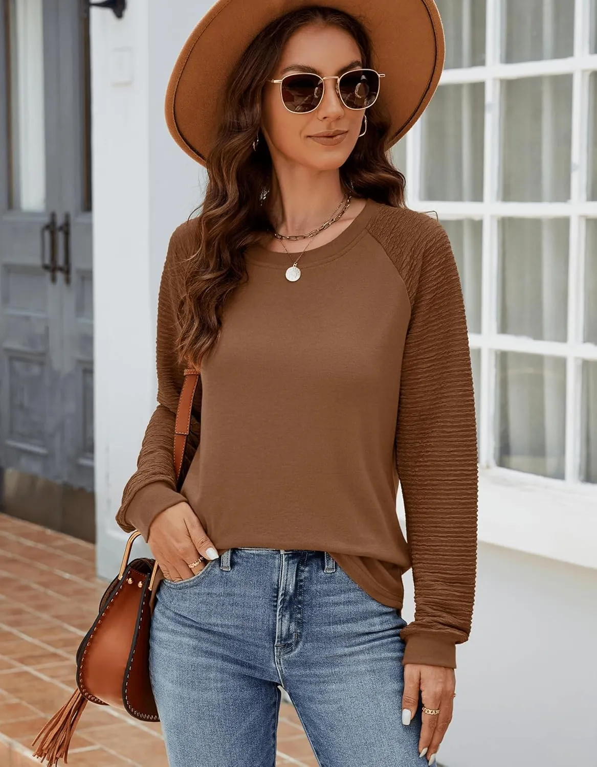 Aifer Womens Long Sleeve Tops Crew Neck Casual Shirts Fashion Loose Fit Trendy Outfits Clothes