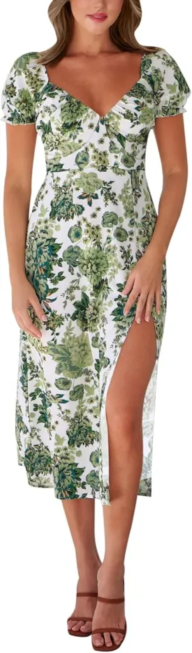 AIMCOO Womens Sweetheart V Neck Floral Midi Dress Short Puff Sleeve Side Split Smocked Back Casual Solid Dress for Summer