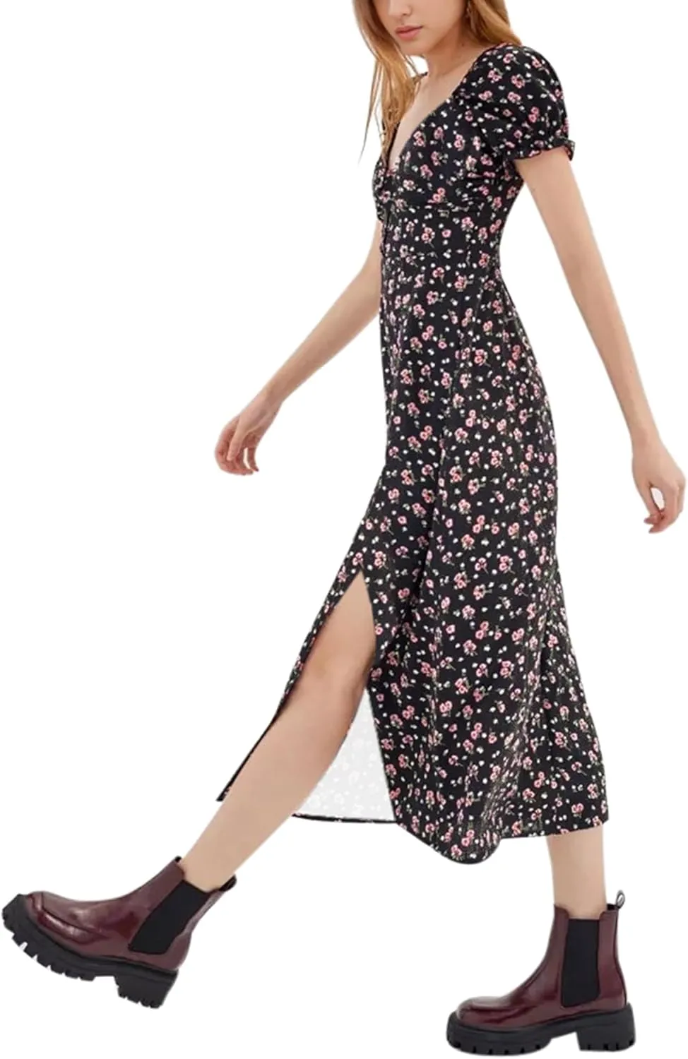 AIMCOO Womens Sweetheart V Neck Floral Midi Dress Short Puff Sleeve Side Split Smocked Back Casual Solid Dress for Summer