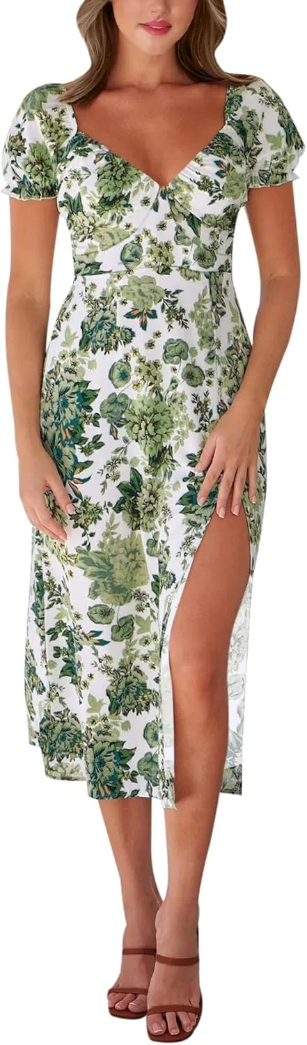 AIMCOO Womens Sweetheart V Neck Floral Midi Dress Short Puff Sleeve Side Split Smocked Back Casual Solid Dress for Summer