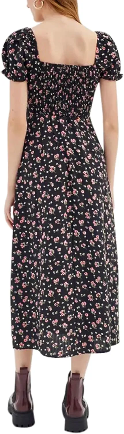 AIMCOO Womens Sweetheart V Neck Floral Midi Dress Short Puff Sleeve Side Split Smocked Back Casual Solid Dress for Summer