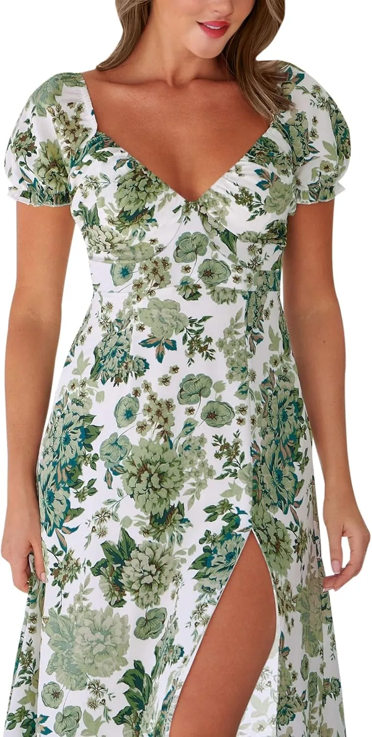 AIMCOO Womens Sweetheart V Neck Floral Midi Dress Short Puff Sleeve Side Split Smocked Back Casual Solid Dress for Summer