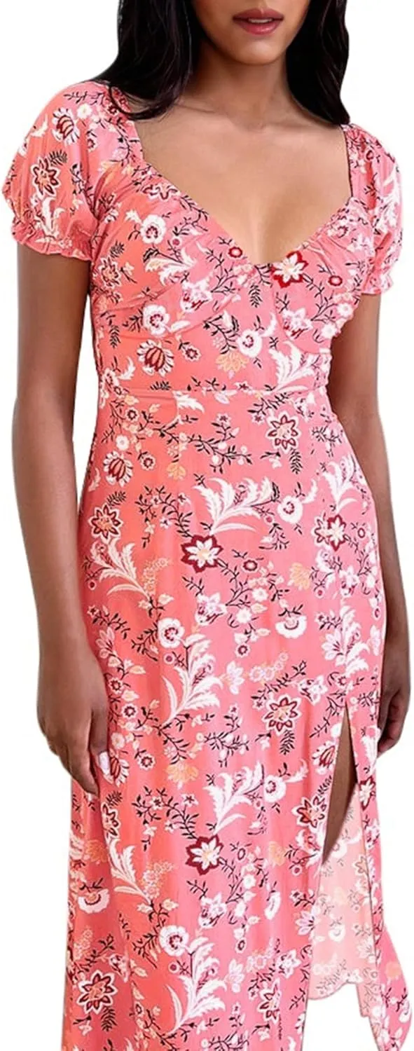 AIMCOO Womens Sweetheart V Neck Floral Midi Dress Short Puff Sleeve Side Split Smocked Back Casual Solid Dress for Summer