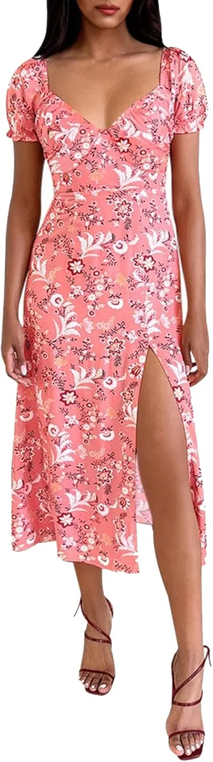 AIMCOO Womens Sweetheart V Neck Floral Midi Dress Short Puff Sleeve Side Split Smocked Back Casual Solid Dress for Summer