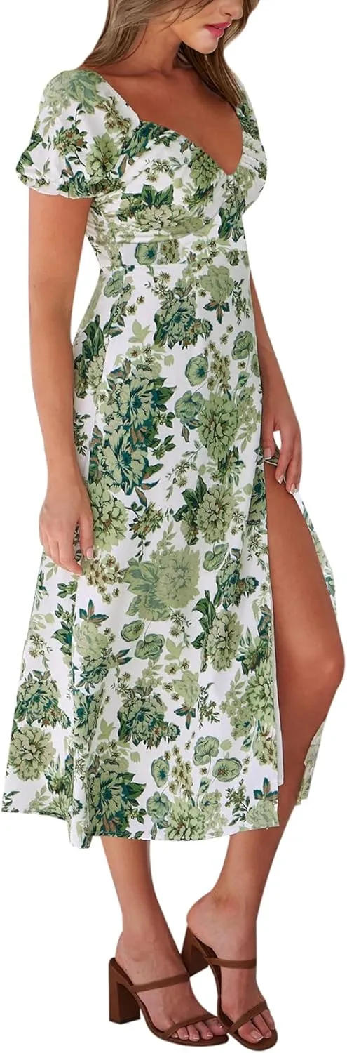 AIMCOO Womens Sweetheart V Neck Floral Midi Dress Short Puff Sleeve Side Split Smocked Back Casual Solid Dress for Summer