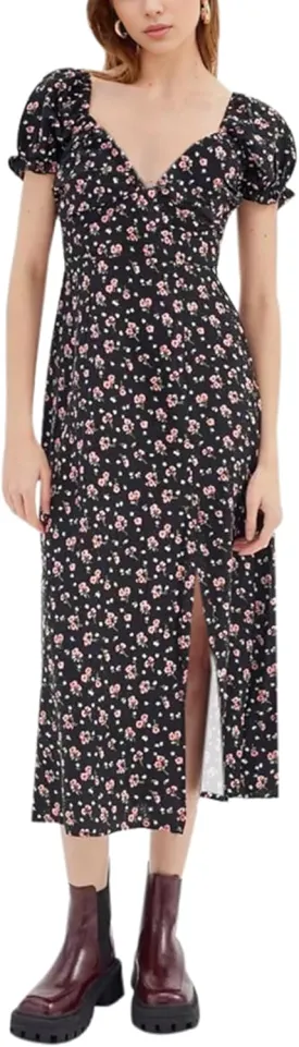 AIMCOO Womens Sweetheart V Neck Floral Midi Dress Short Puff Sleeve Side Split Smocked Back Casual Solid Dress for Summer