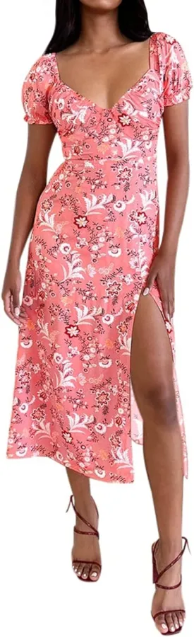 AIMCOO Womens Sweetheart V Neck Floral Midi Dress Short Puff Sleeve Side Split Smocked Back Casual Solid Dress for Summer