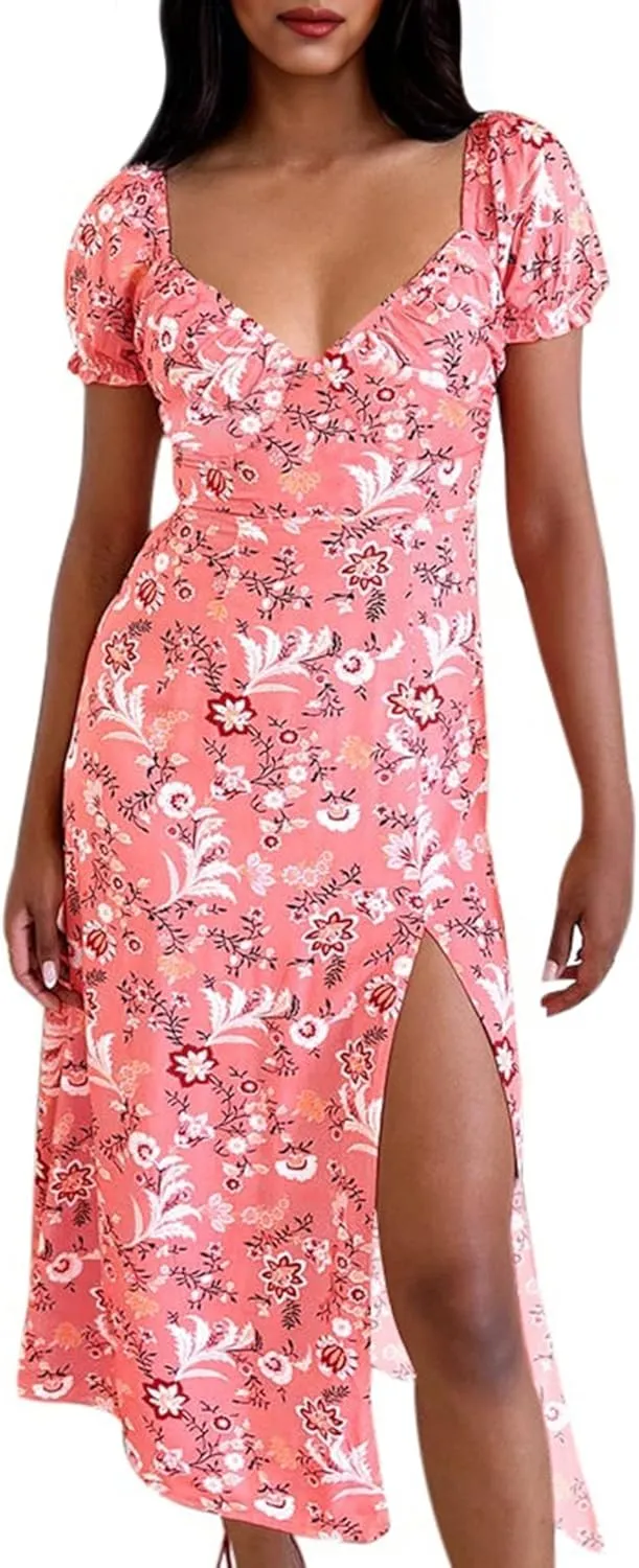 AIMCOO Womens Sweetheart V Neck Floral Midi Dress Short Puff Sleeve Side Split Smocked Back Casual Solid Dress for Summer