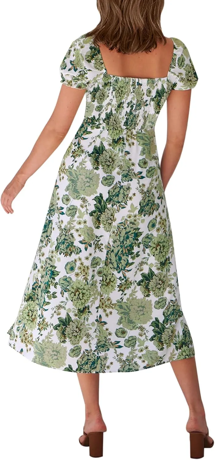 AIMCOO Womens Sweetheart V Neck Floral Midi Dress Short Puff Sleeve Side Split Smocked Back Casual Solid Dress for Summer
