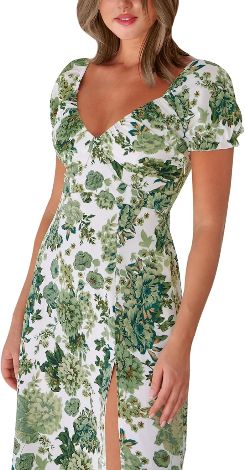 AIMCOO Womens Sweetheart V Neck Floral Midi Dress Short Puff Sleeve Side Split Smocked Back Casual Solid Dress for Summer