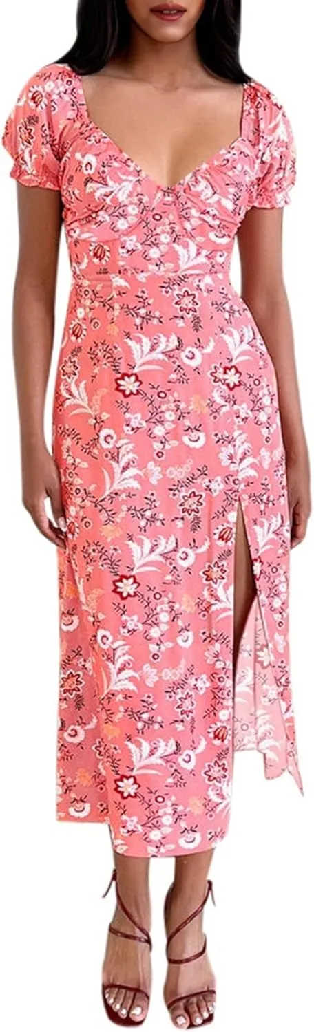 AIMCOO Womens Sweetheart V Neck Floral Midi Dress Short Puff Sleeve Side Split Smocked Back Casual Solid Dress for Summer