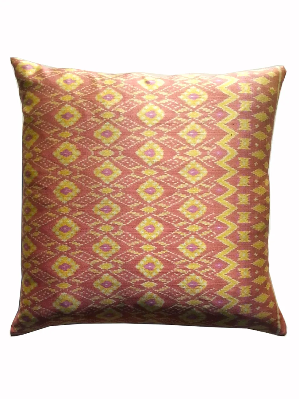 Cambodian Silk Ikat Pillow Salmon Pink and Yellow