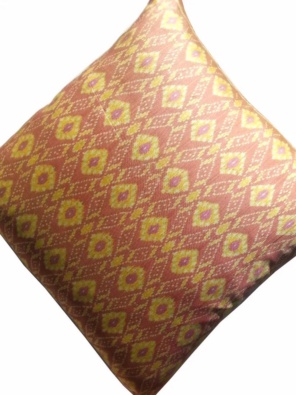 Cambodian Silk Ikat Pillow Salmon Pink and Yellow