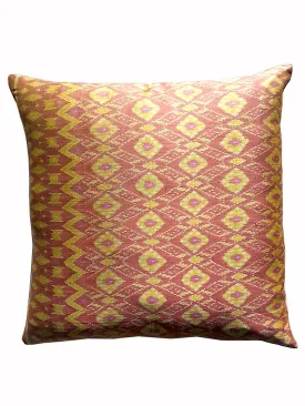 Cambodian Silk Ikat Pillow Salmon Pink and Yellow