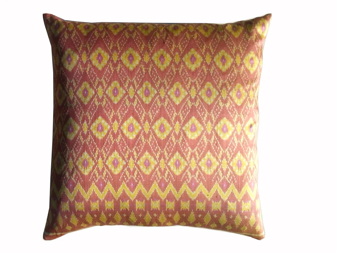 Cambodian Silk Ikat Pillow Salmon Pink and Yellow