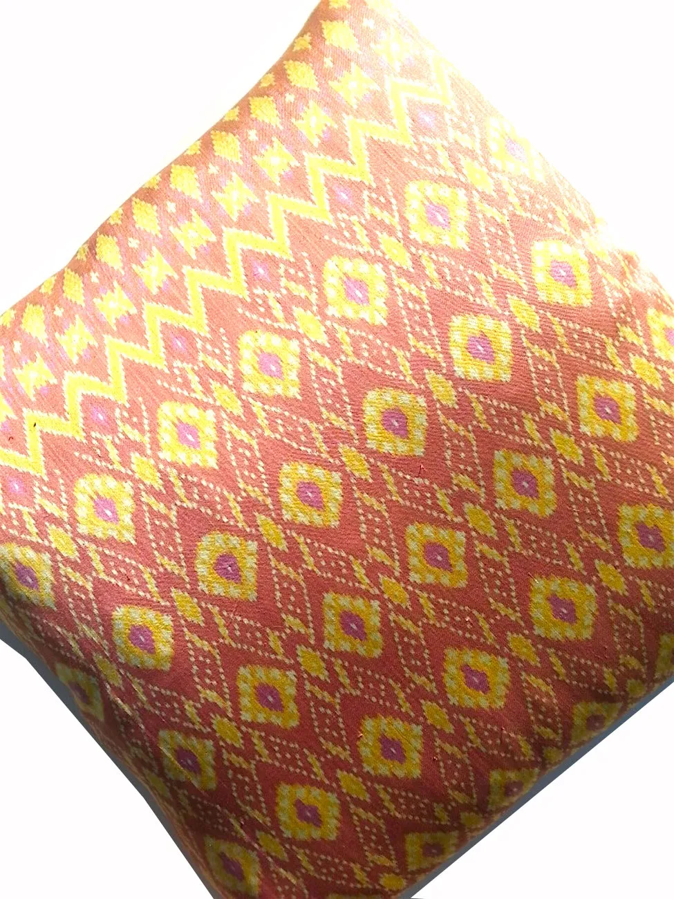 Cambodian Silk Ikat Pillow Salmon Pink and Yellow