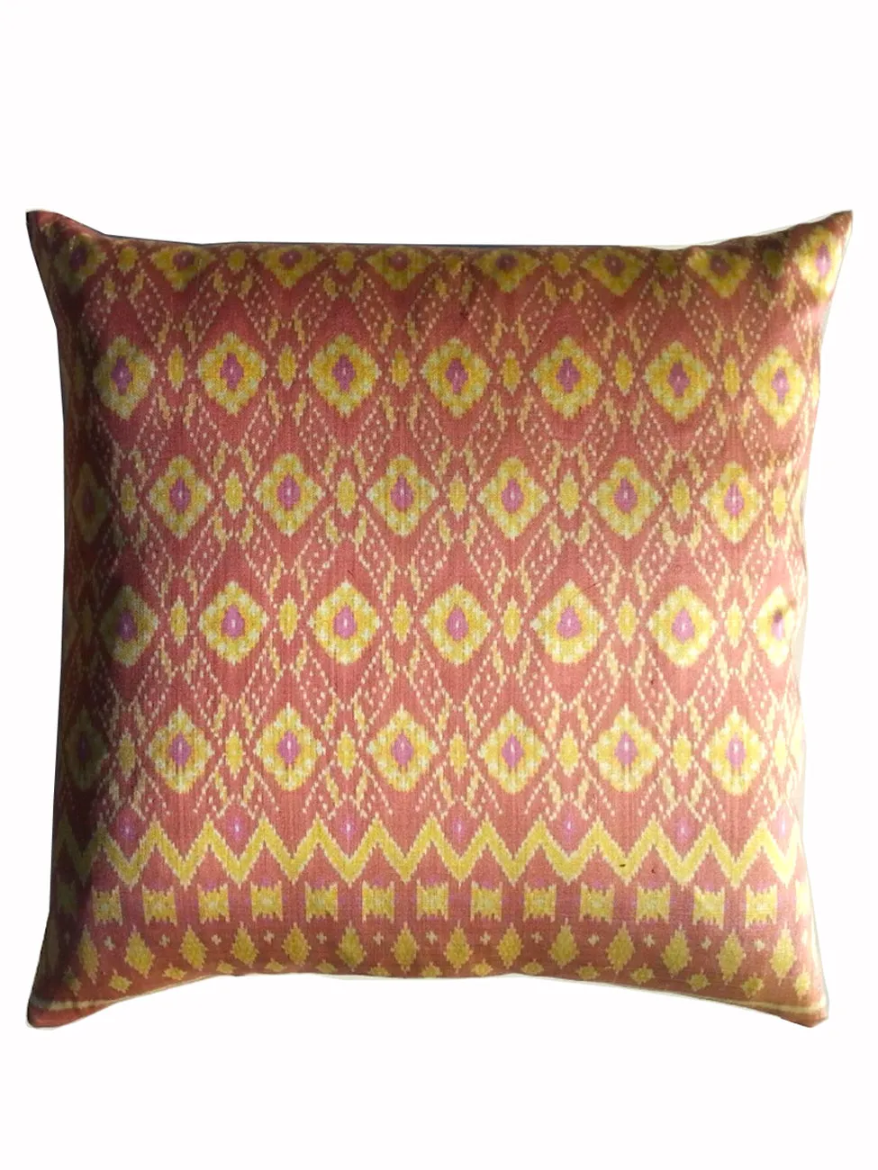 Cambodian Silk Ikat Pillow Salmon Pink and Yellow