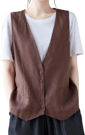 COTECRAM Cotton Linen Vest for Women 2023 Casual Sleeveless Button Down Jacket Lightweight Summer Loose Vests Outerwear