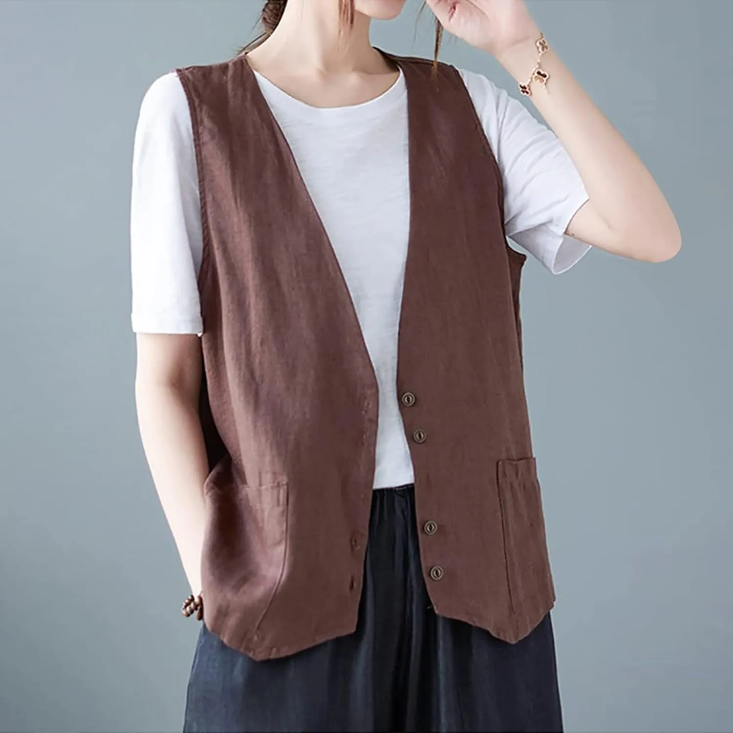 COTECRAM Cotton Linen Vest for Women 2023 Casual Sleeveless Button Down Jacket Lightweight Summer Loose Vests Outerwear
