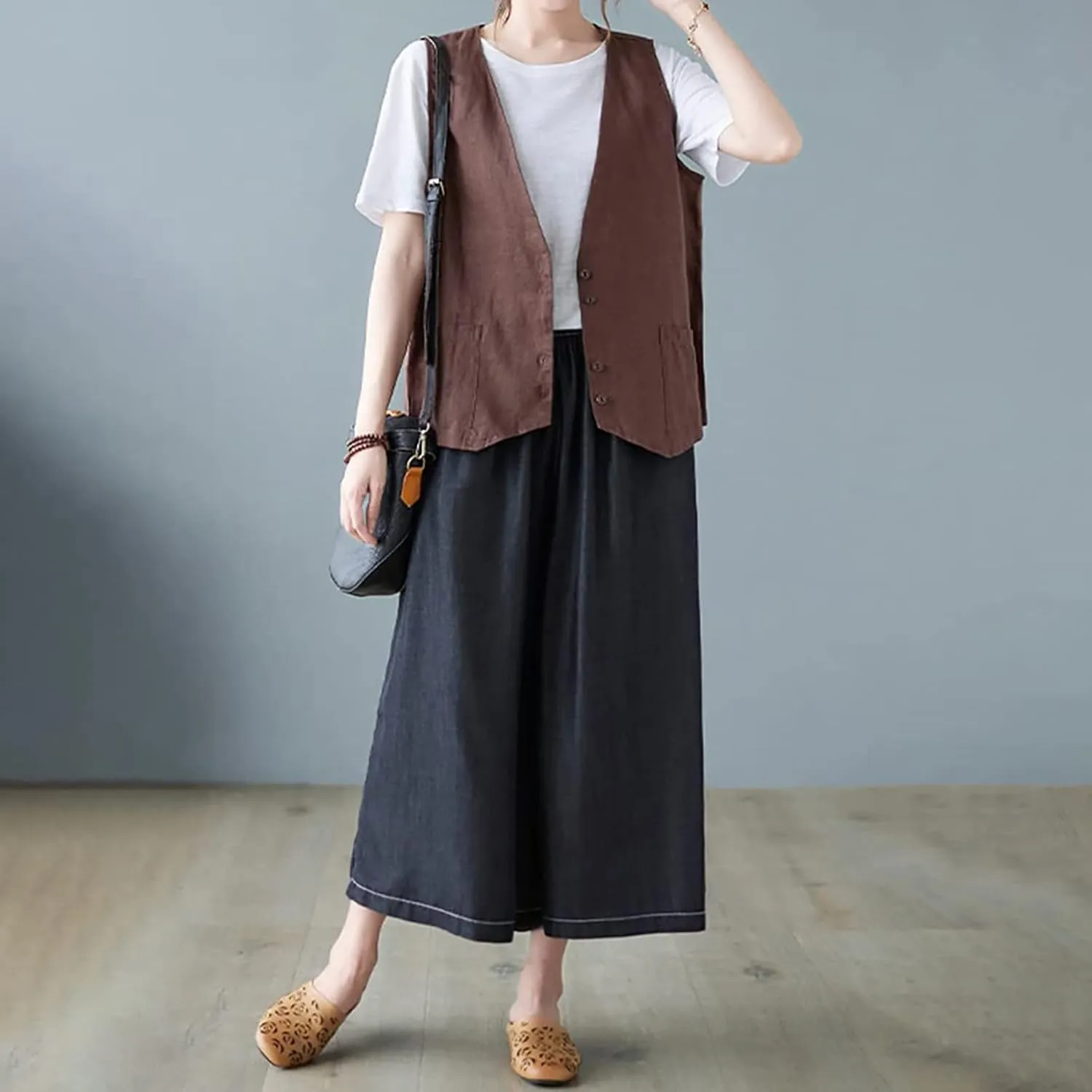 COTECRAM Cotton Linen Vest for Women 2023 Casual Sleeveless Button Down Jacket Lightweight Summer Loose Vests Outerwear