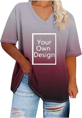 Custom T Shirts for Women, Womens Plus Size Tops Oversized V Neck Short Sleeve Summer Base Shirt Family T-Shirt