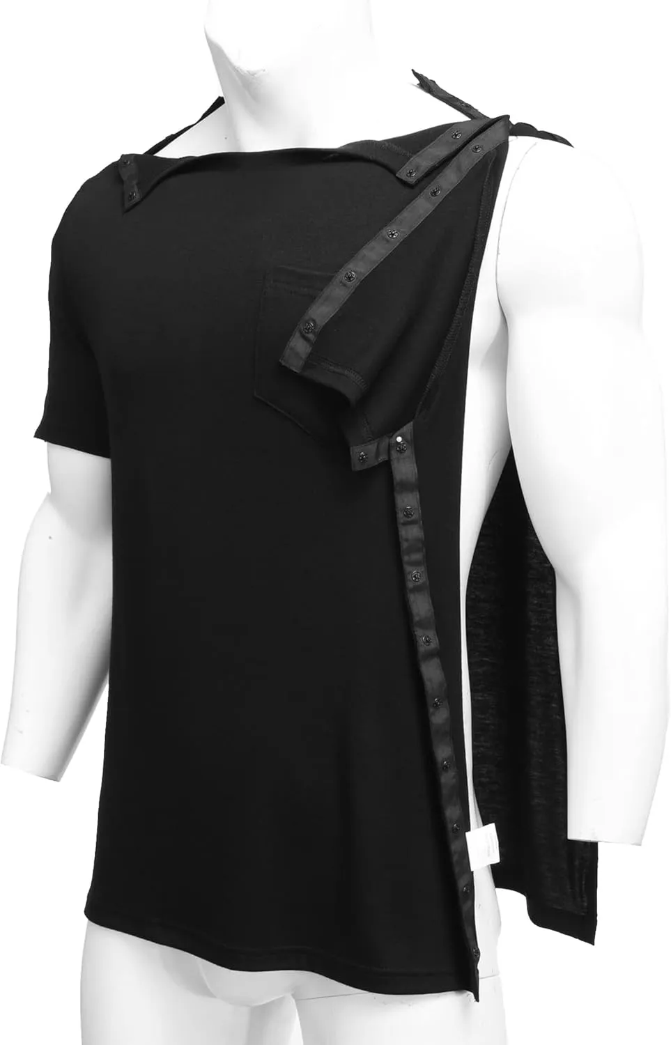 Deyeek Men's Post Shoulder Surgery Shirts Recovery Tear Away Short Sleeve Full Open Side Snap Adaptive Chemo Clothing