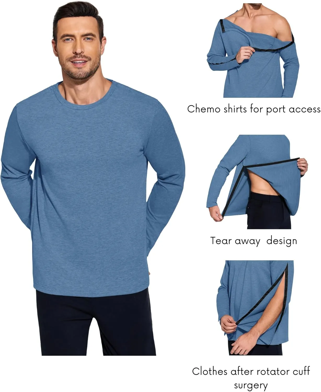 Deyeek Post Shoulder Surgery Recovery Shirts For Men Chemo Port Access Top Snap Full Tear Away Long Sleeve