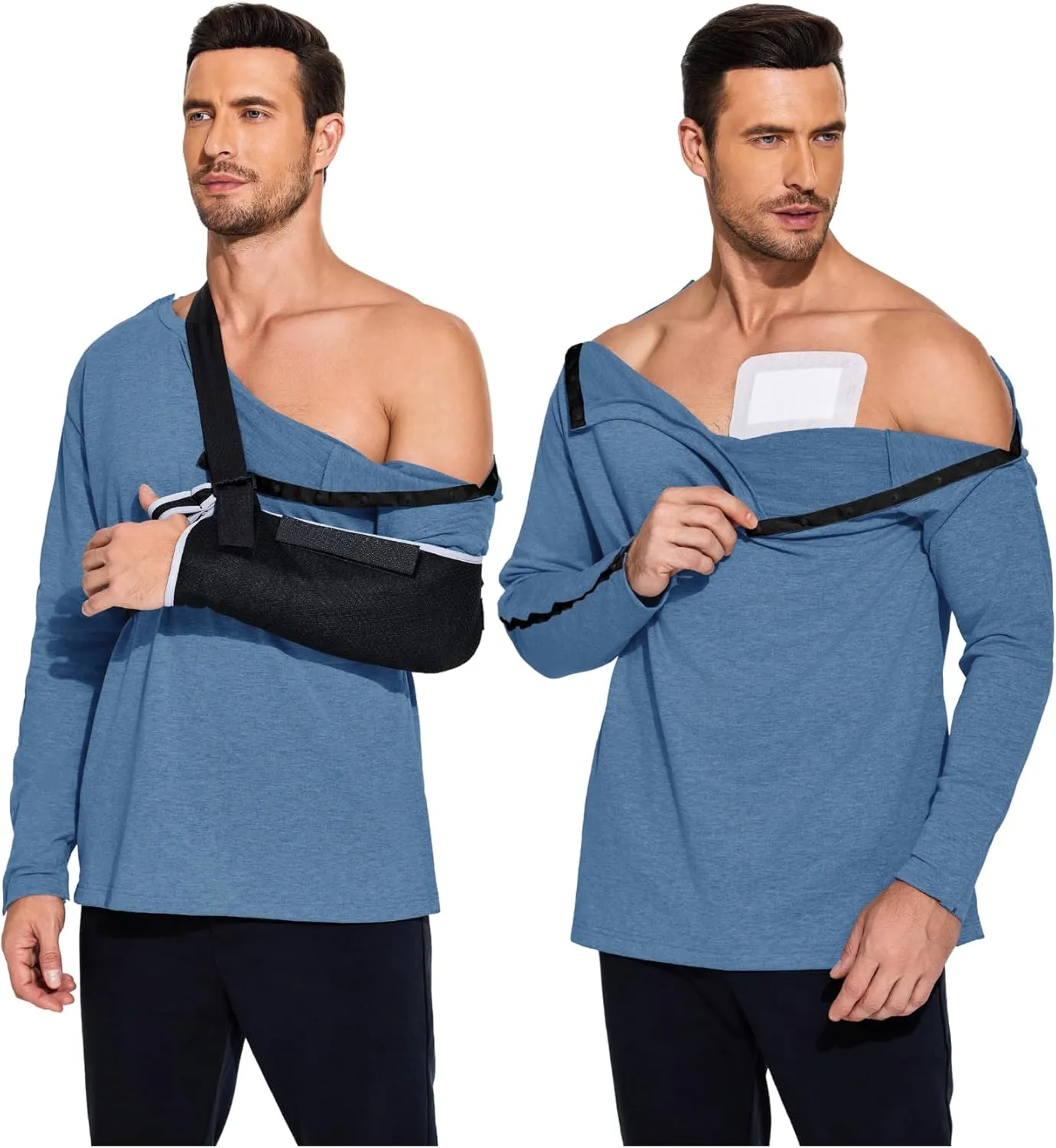 Deyeek Post Shoulder Surgery Recovery Shirts For Men Chemo Port Access Top Snap Full Tear Away Long Sleeve