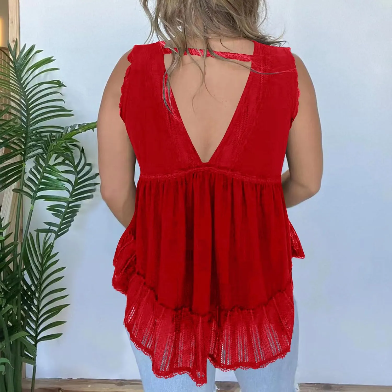 HGps8w Women's Velvet Tank Tops Sexy V Neck Lace Trim Summer Casual Sleeveless Peplum Shirts Blouses