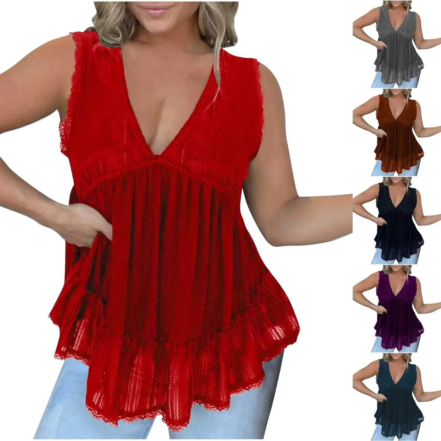 HGps8w Women's Velvet Tank Tops Sexy V Neck Lace Trim Summer Casual Sleeveless Peplum Shirts Blouses