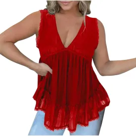 HGps8w Women's Velvet Tank Tops Sexy V Neck Lace Trim Summer Casual Sleeveless Peplum Shirts Blouses