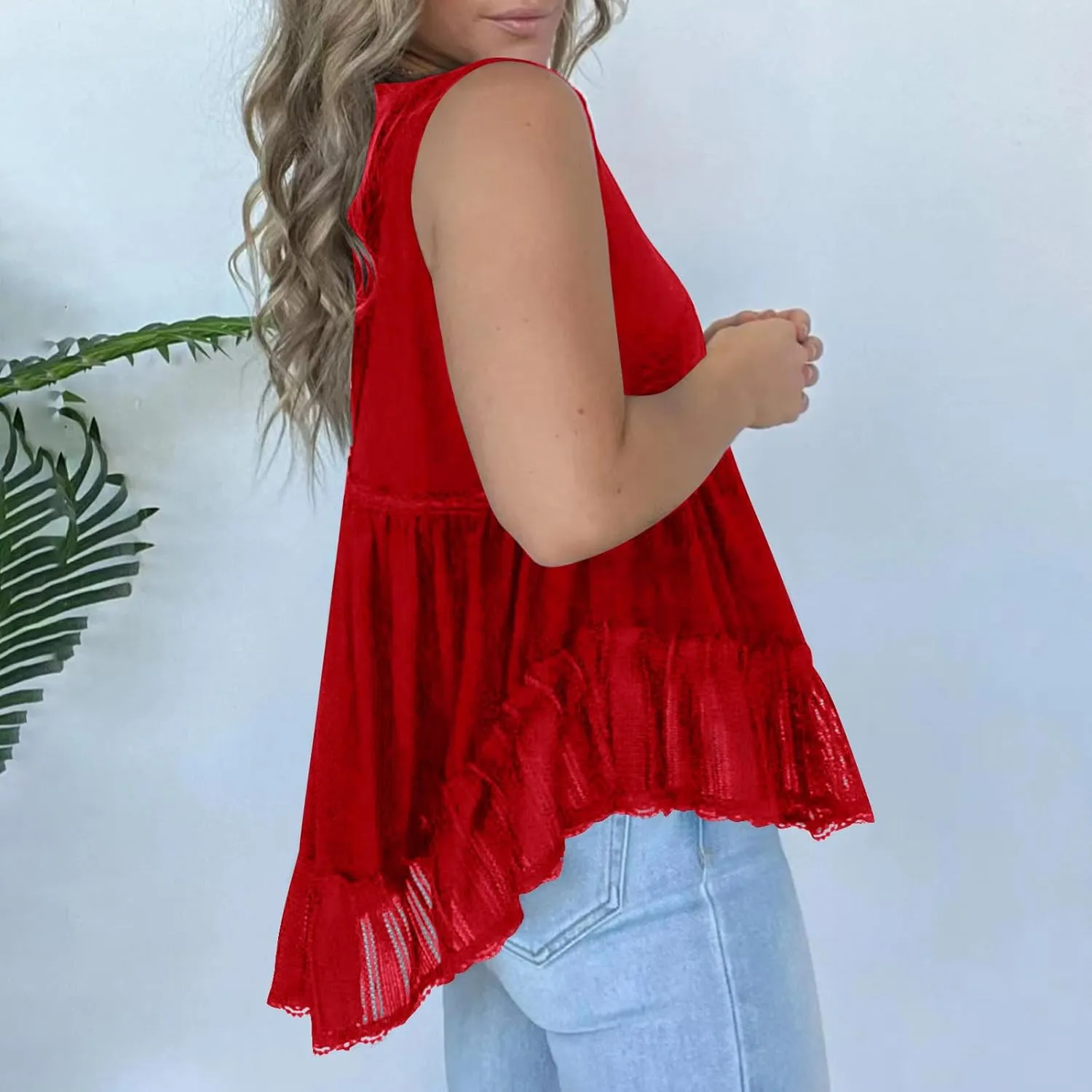 HGps8w Women's Velvet Tank Tops Sexy V Neck Lace Trim Summer Casual Sleeveless Peplum Shirts Blouses