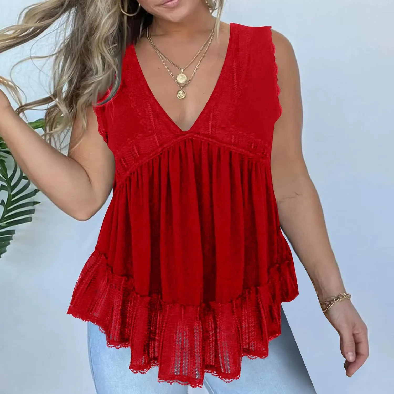 HGps8w Women's Velvet Tank Tops Sexy V Neck Lace Trim Summer Casual Sleeveless Peplum Shirts Blouses