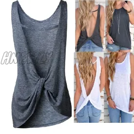 Hnewly Women Sexy Sleeveless Vest Women Sexy Sleeveless Backless Vest Sexy Tops Open Back Knotted Crop A Line shirt