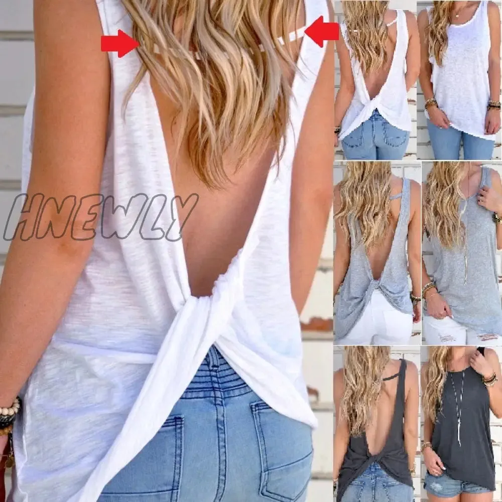 Hnewly Women Sexy Sleeveless Vest Women Sexy Sleeveless Backless Vest Sexy Tops Open Back Knotted Crop A Line shirt