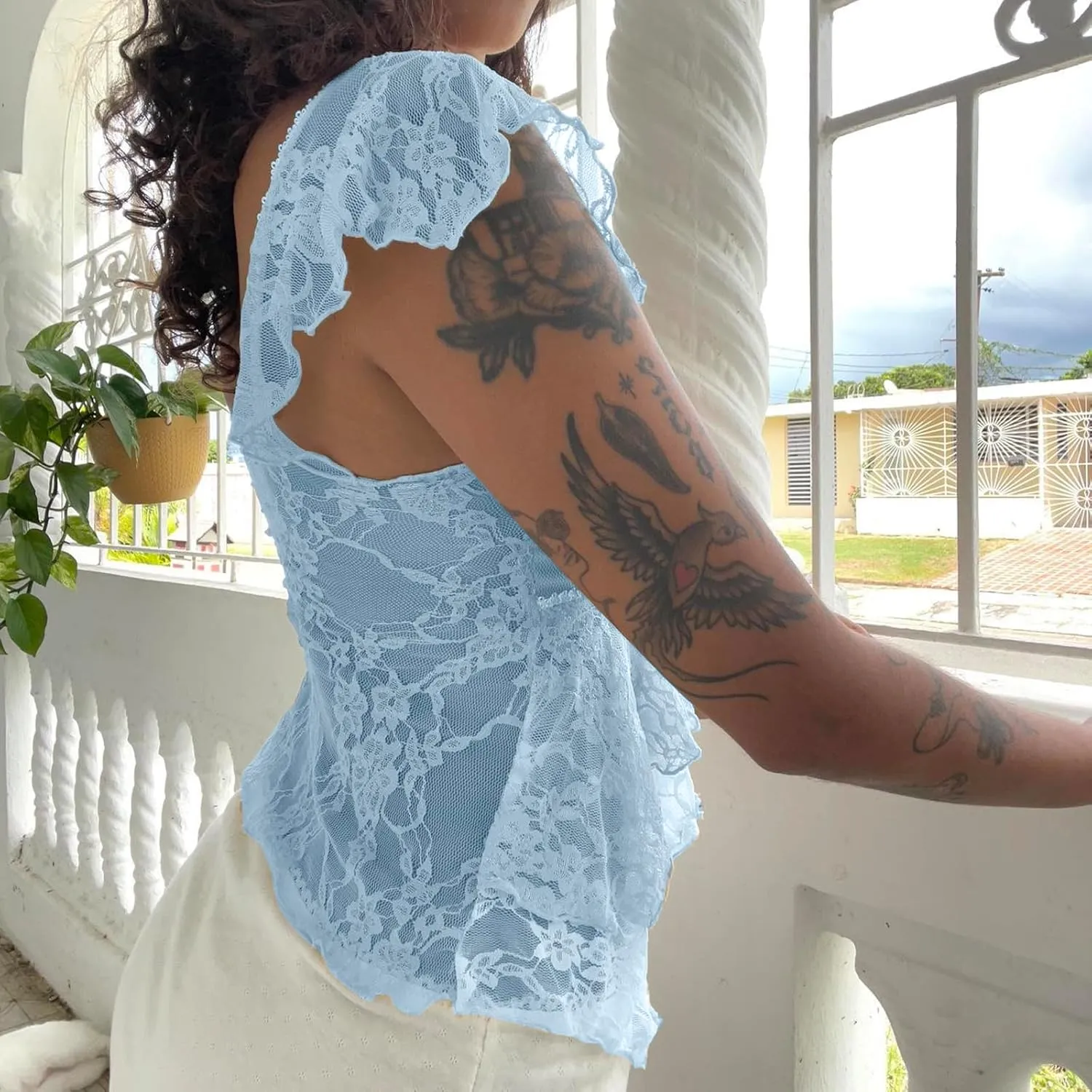 HOXIJIA Women Y2K Floral Lace Tank Top Sexy V Neck Sheer Mesh See Through Crop Vest Cute Short Sleeve Ruched Ruffle Shirt